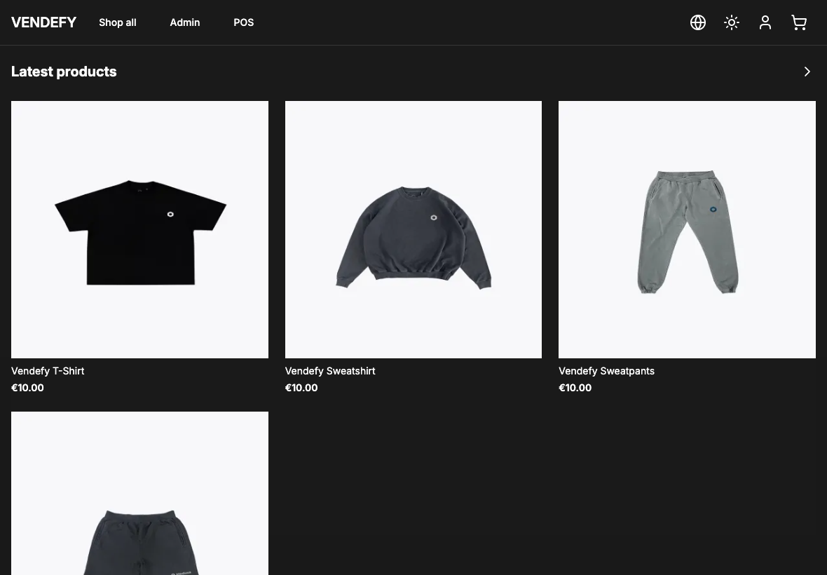 Vendefy storefront product grid